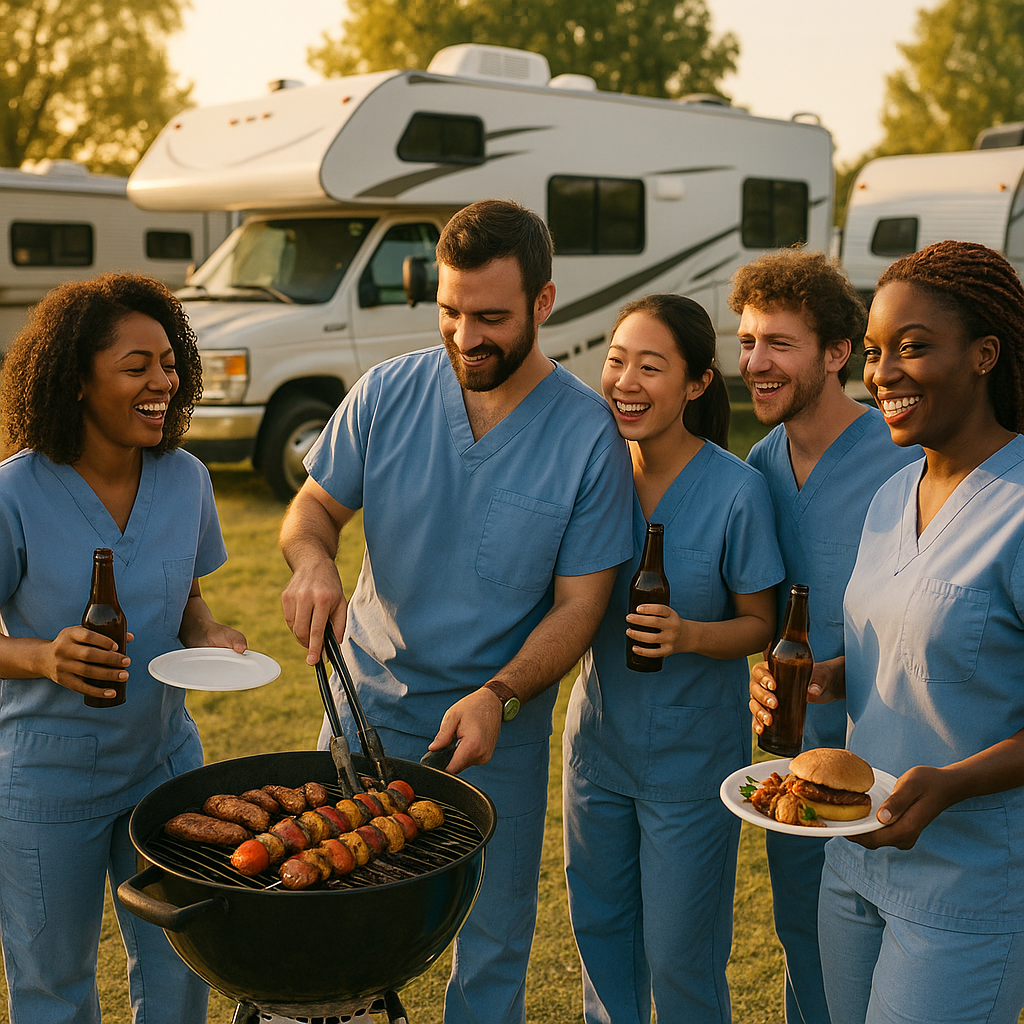 Travel nurses enjoying a community barbecue